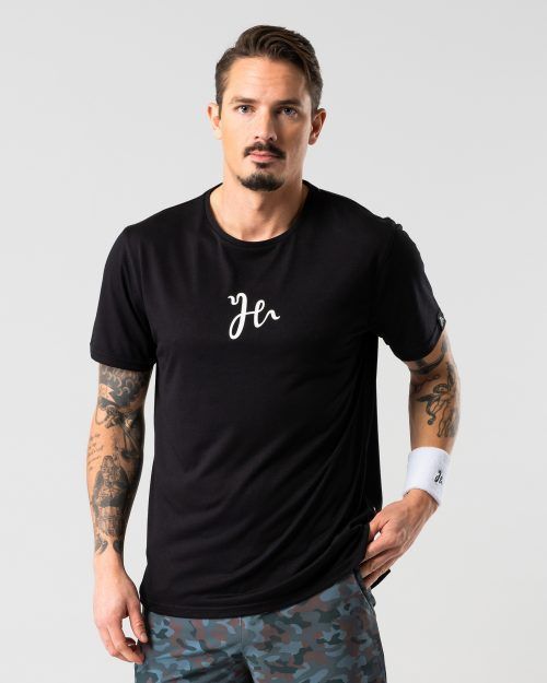 Black padel T-shirt with rubber print logo on the chest